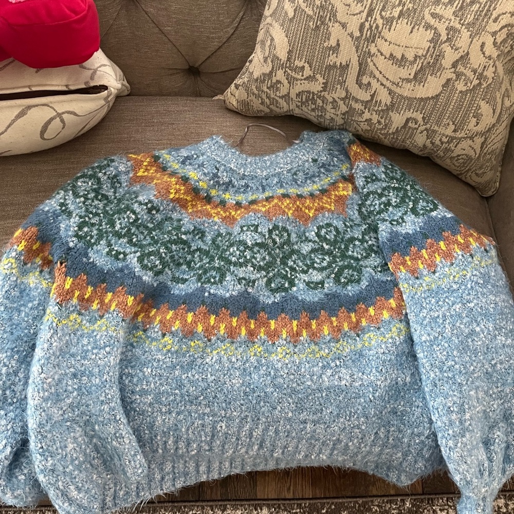 Free People Blue and Green Crew Neck Sweater with Nordic Pattern